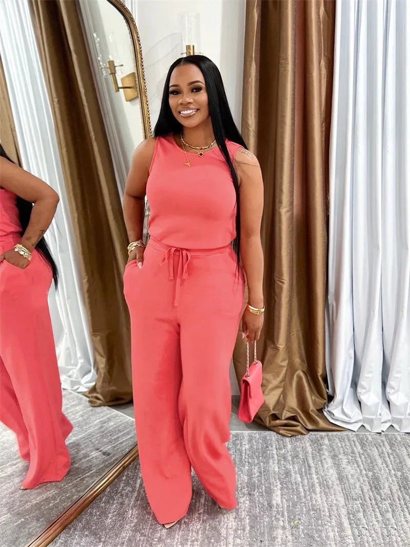 Solid Casual Jumpsuit Sleeveless Drawstring High Waist One Pieces Rompers