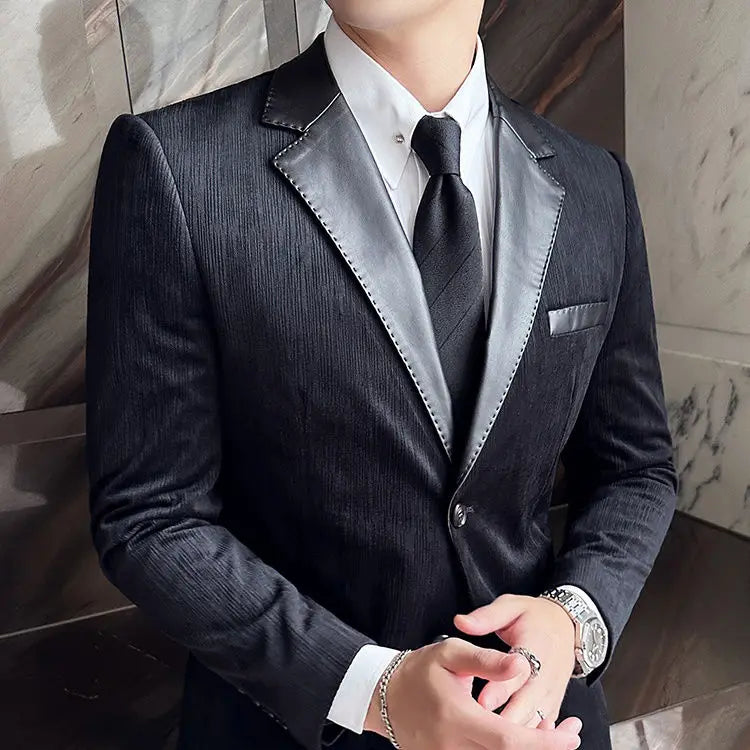 Male Coats  Leather Splicing Blazers Trendy Joker Vintage Casual