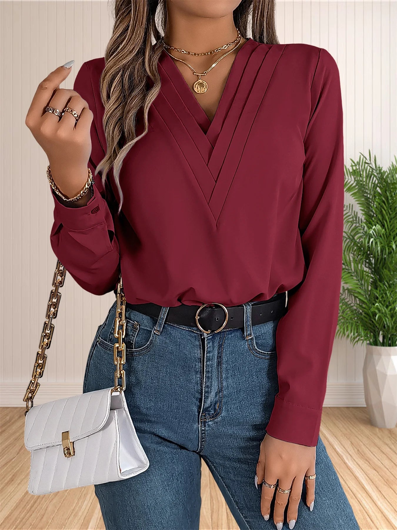 Business Office Blouse Layered V Neck Long Sleeve