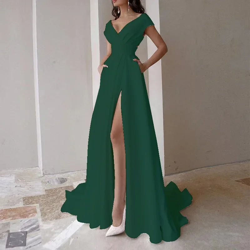 Sexy V-neck Ruffle Solid Mid Waist Temperament Maxi Dress