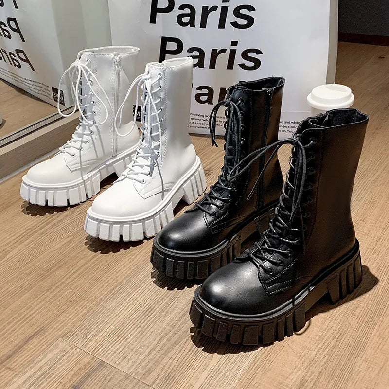 Women's  Boots  Thick Bottom Side Zipper Tie Lace  Warm round Toe Mid-Calf Boots