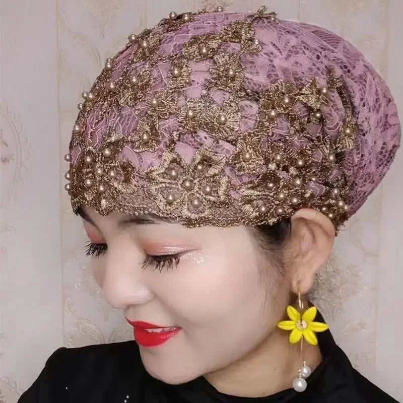 Ladies Personality Ethnic Beaded Hat Gauze Headscarf