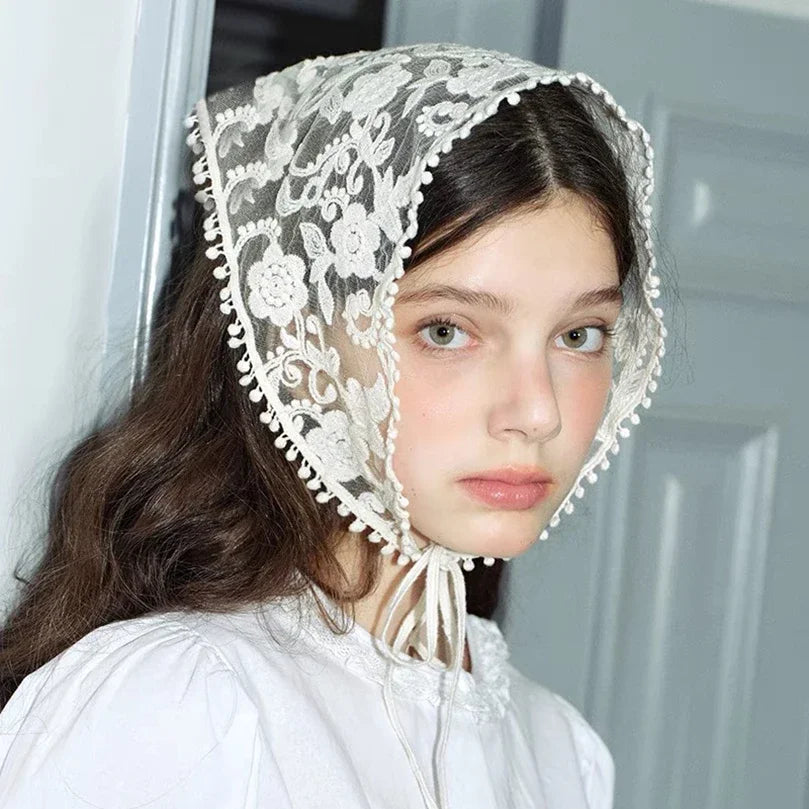 White Woven Floral Lace Hair Scarf Wraps