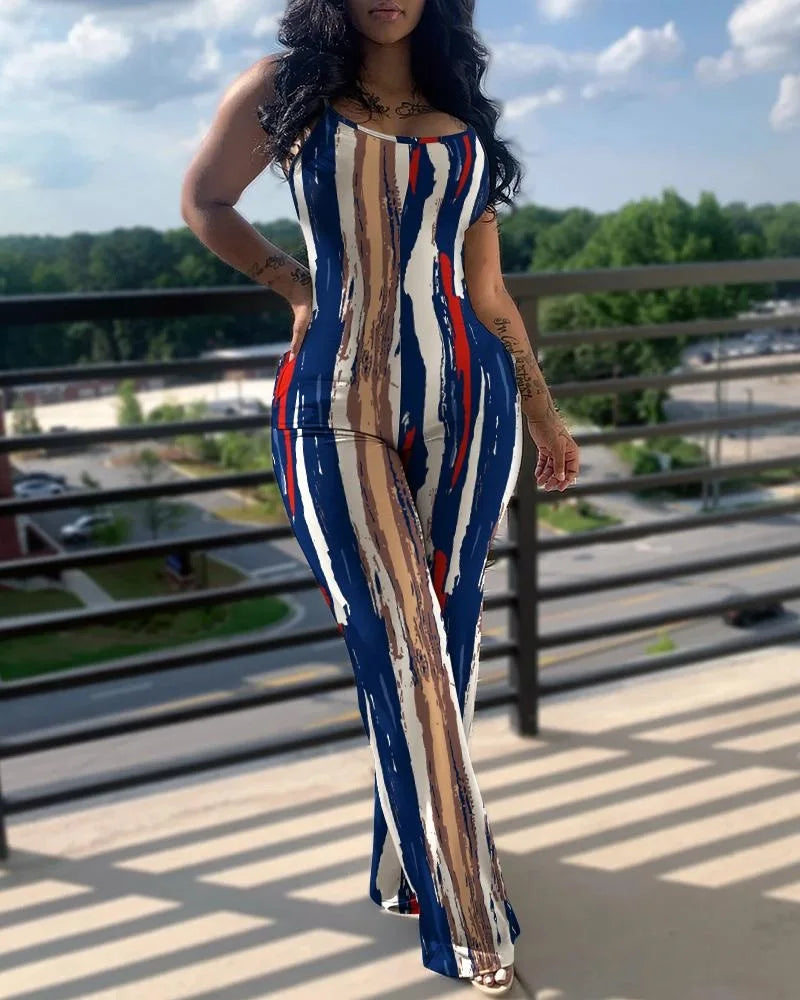 Women's Jumpsuit Summer Fashion Printed V-Neck Casual Sleeveless Jumpsuit