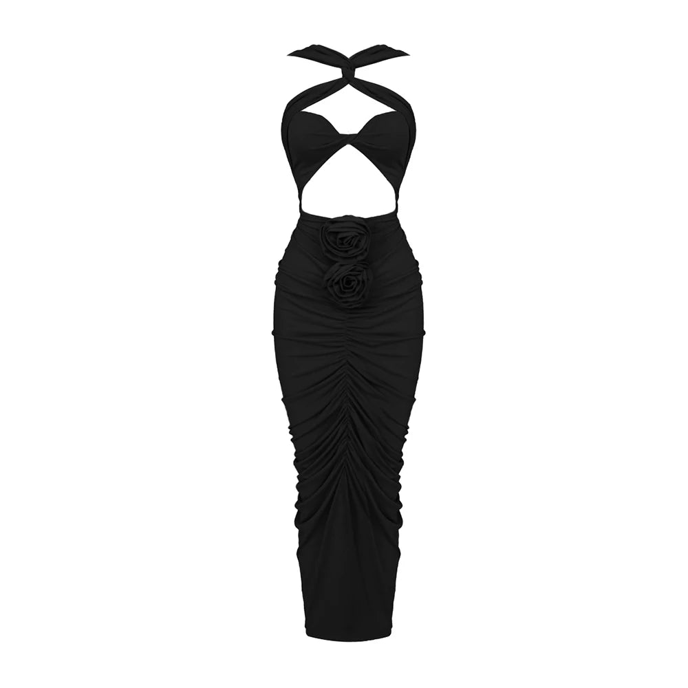 Sexy Backless 3D Flowers Design Sleeveless Draped Long Dress
