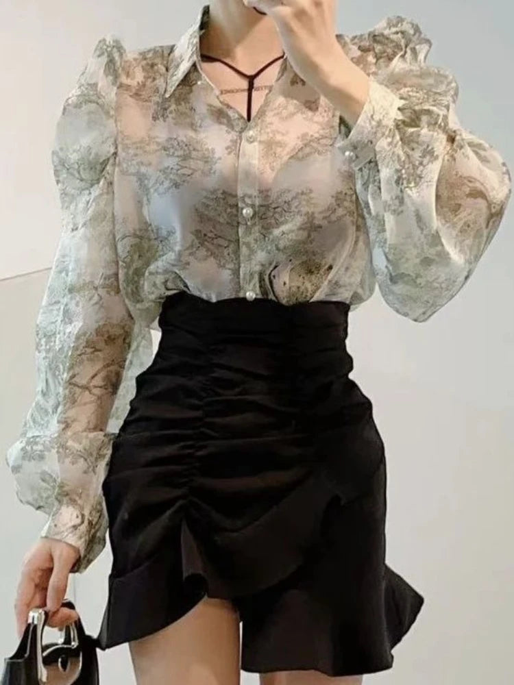 Floral Sweet Blouses for Women Loose Puff Sleeve Turn Down Collar Shirts