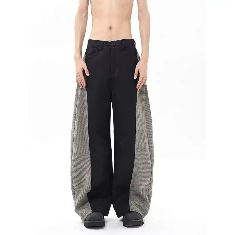 Men's Panel Wide-Leg Pants Contrast Herringbone Side Stripe Baggy Fit