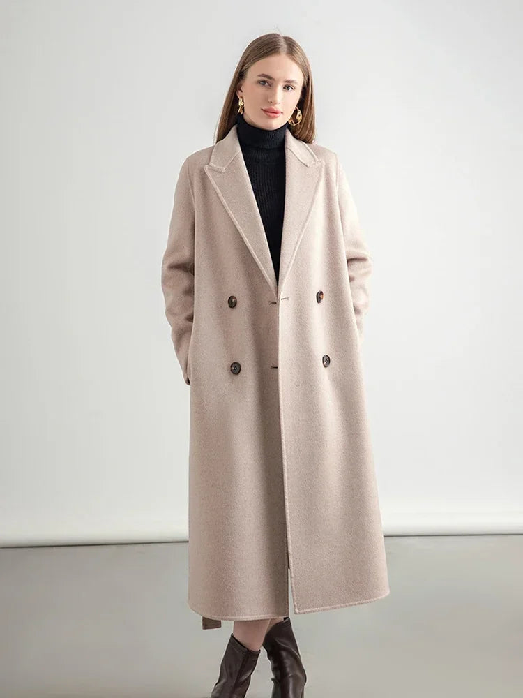 Wool Peak Lapel Overcoat Belt Double-Breasted Long Jacket Trench Coat