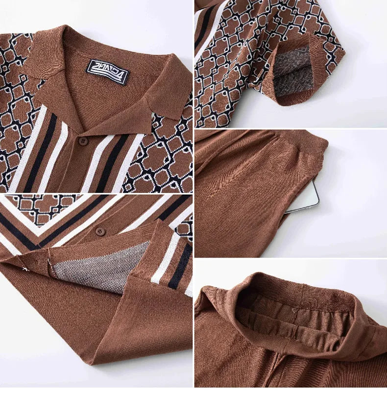 High-quality Jacquard Knitted Suits for Men Collar Knitted Shorts Sets