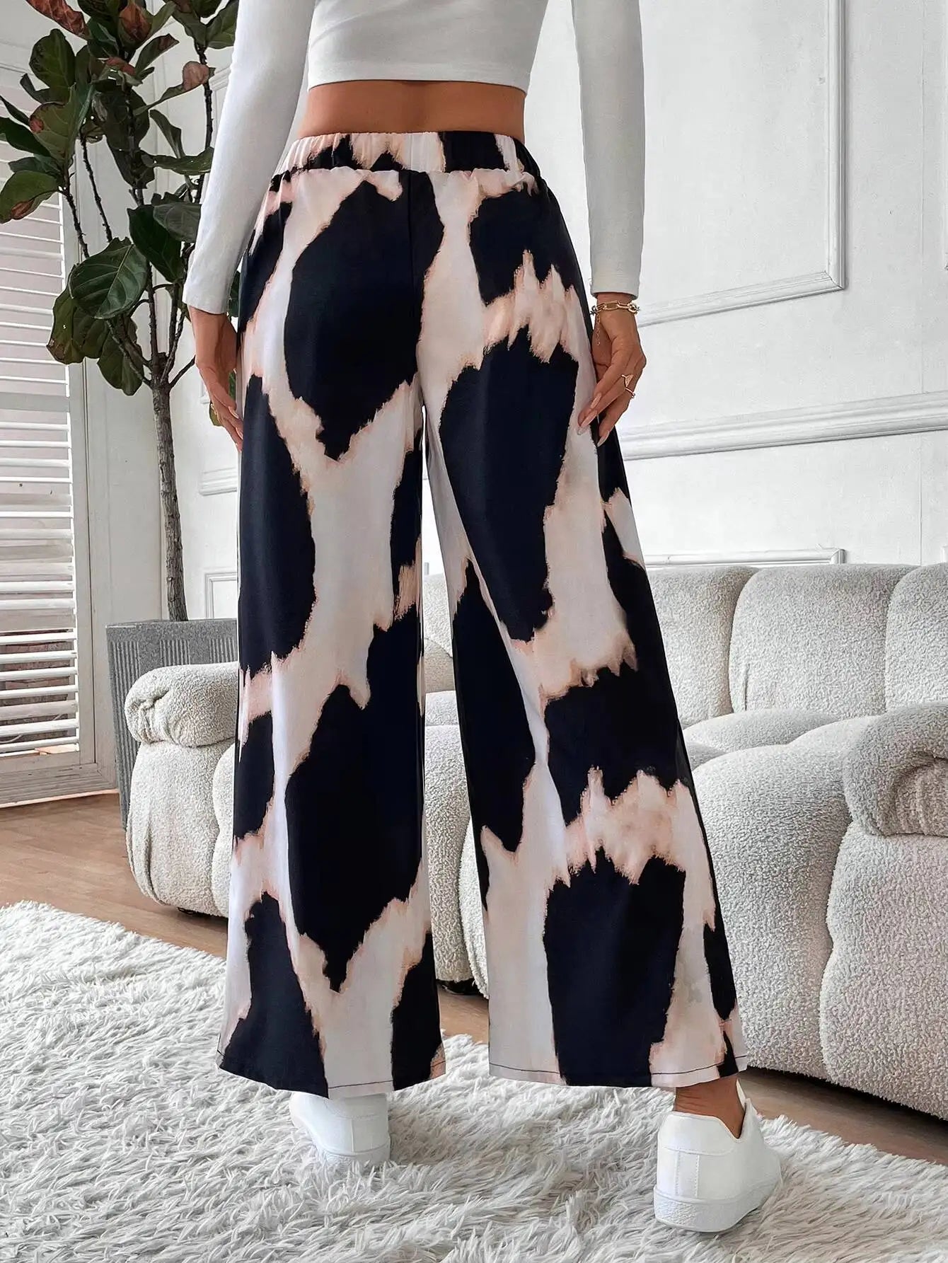 Wide Leg  Abstract Print Elastic High Waist Flowy Casual Pants