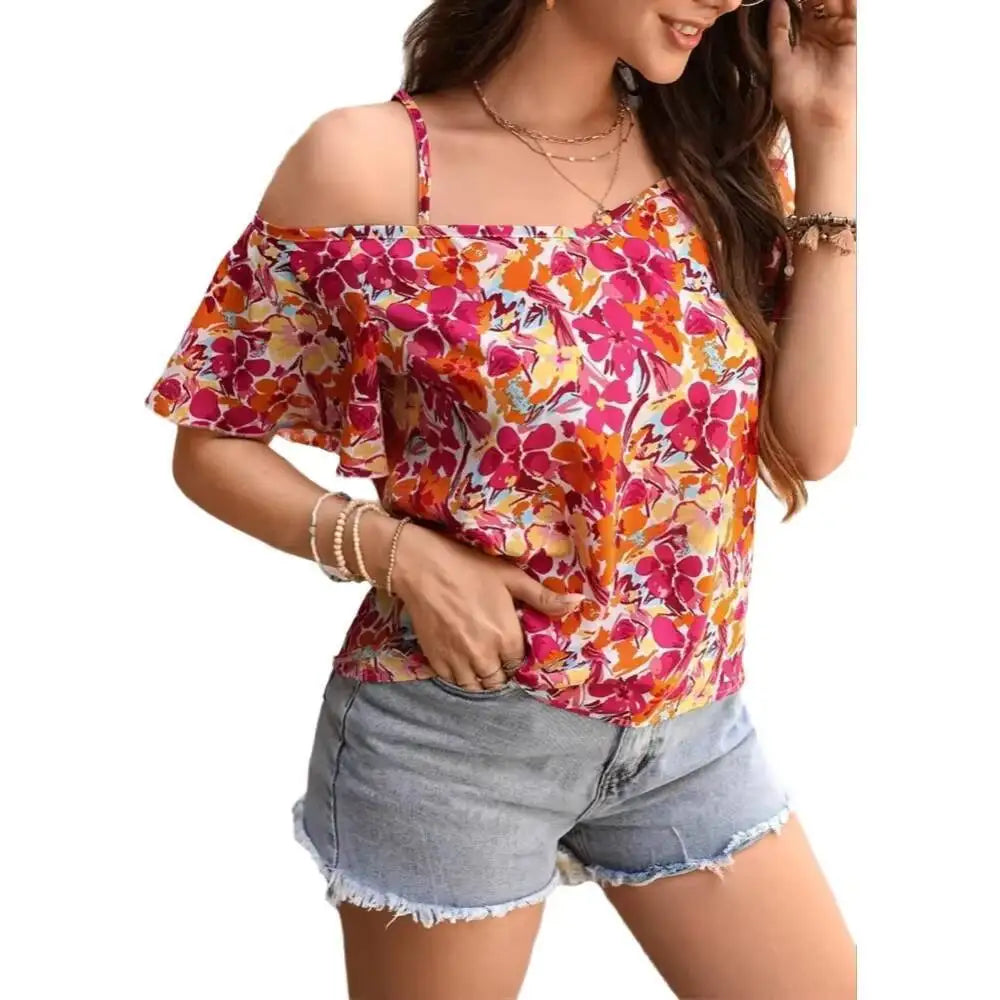 Blouse Spring Summer Colorful Floral Print Off Shoulder