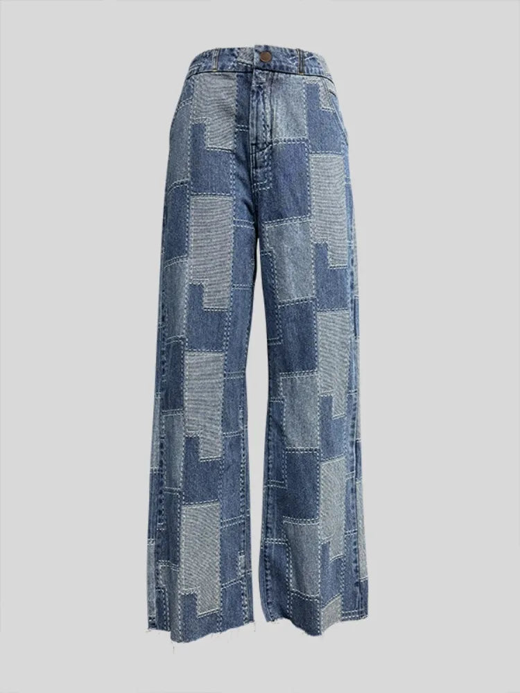 Wide Leg Jeans Two-Tone Blue Patchwork Plaid High Waist Floor-Length Jeans