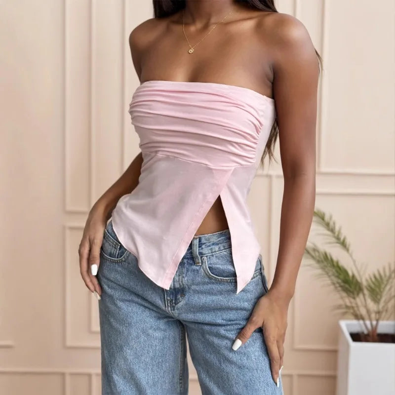 Women Summer Off Shoulder Sexy Pink Asymmetrical Tops