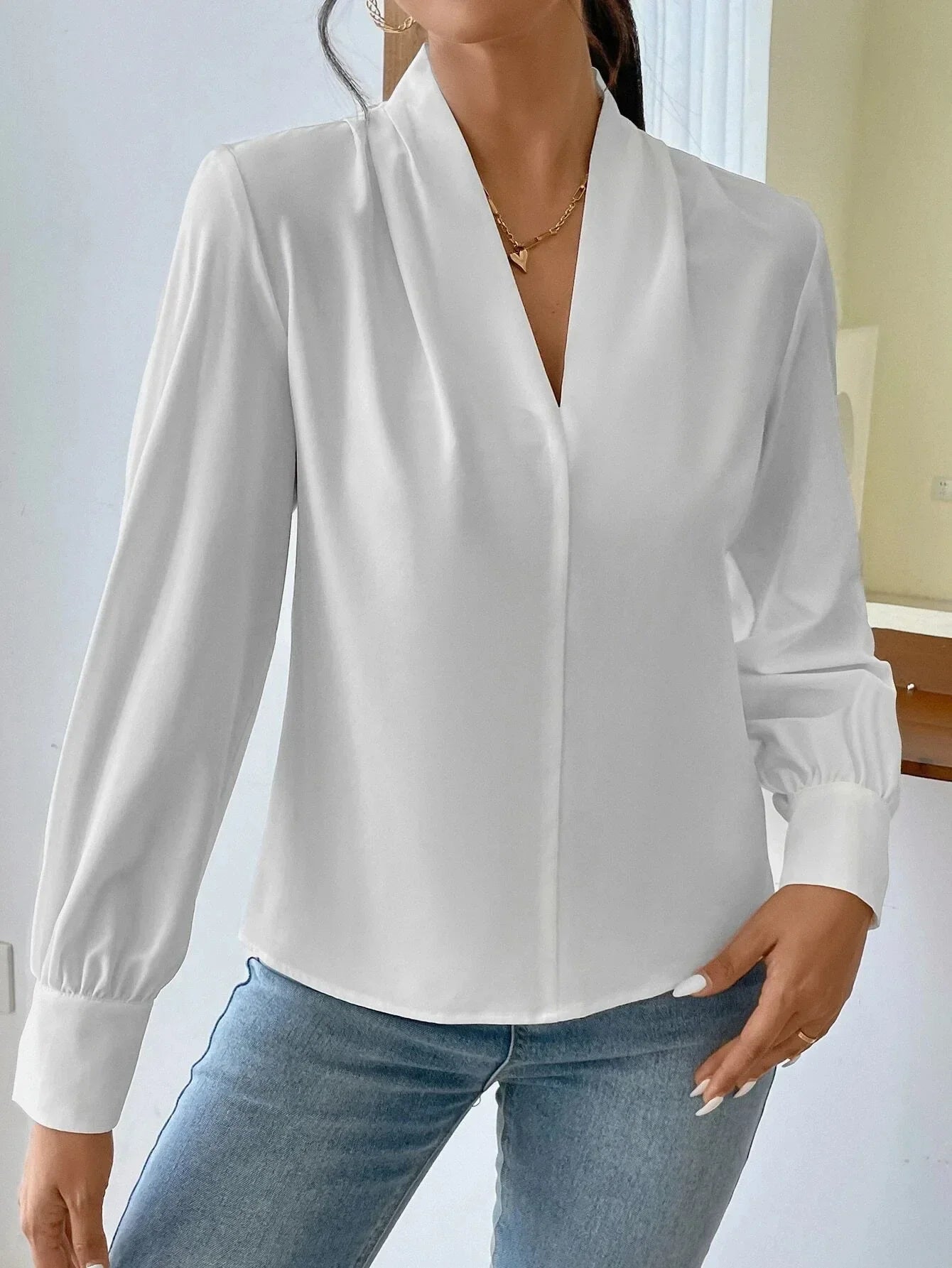 Women's Elegant Blouses Solid Color Long Sleeve V Neck Shirts
