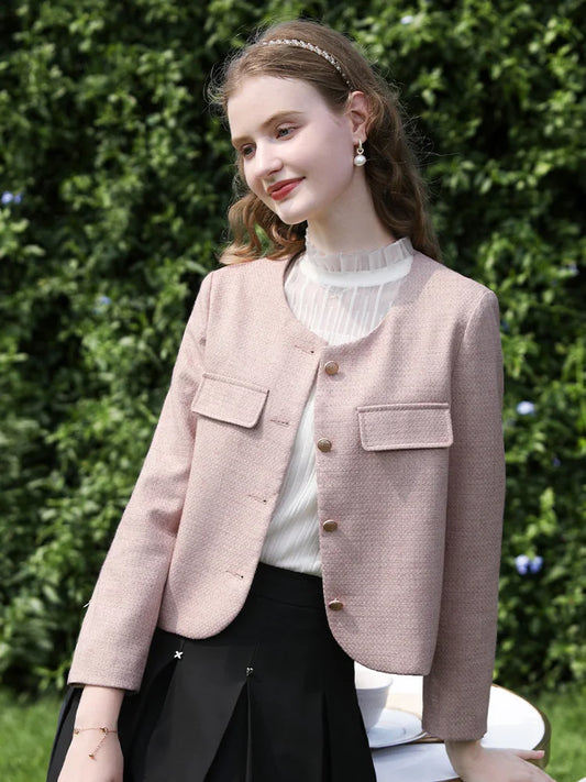 Crew-neck Single-breasted Coats Retro Elegant Light Luxury Jackets