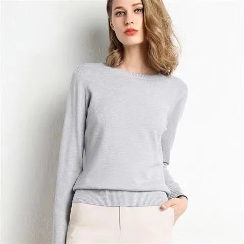 Women Sweater O-neck Long-sleeved Solid Knitwear Bottoming Shirt