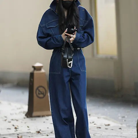 Jumpsuits Women  Safari Style Loose Long Sleeve Denim Jumpsuits