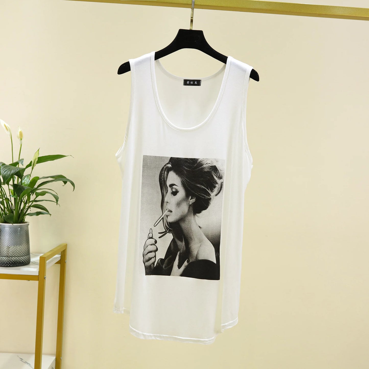 Women Long Tank Tops O-Neck Fashion Print