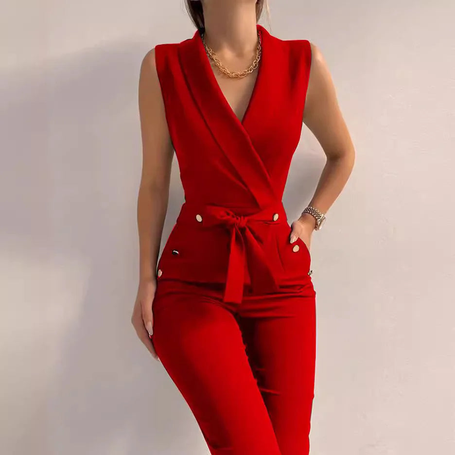 Women's Sleeveless Jumpsuit  V-neck Lace-up Jumpsuits