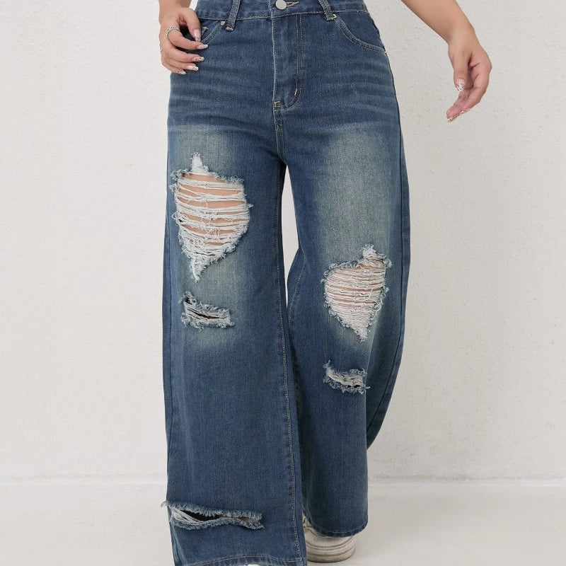 High-waisted Ripped Loose Wide-leg Jeans