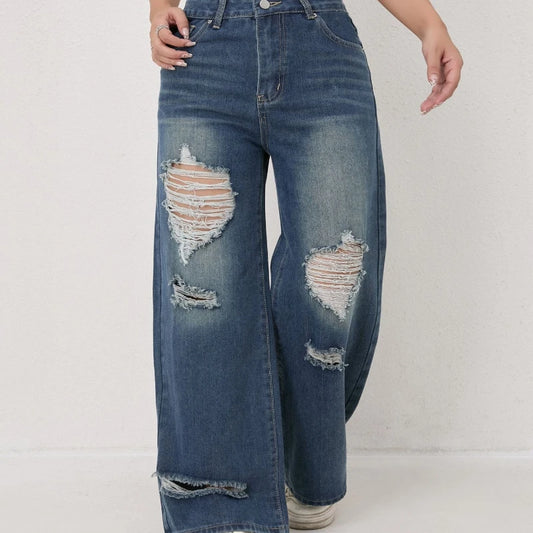 High-waisted Ripped Loose Wide-leg Jeans