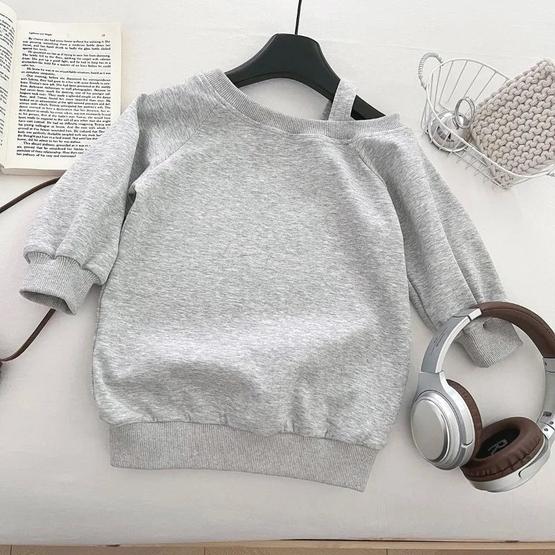 Girls Sweatshirt   Casual Off Shoulder Gray Solid Color Long Sleeve Top