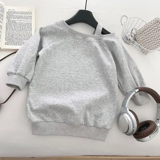 Girls Sweatshirt   Casual Off Shoulder Gray Solid Color Long Sleeve Top
