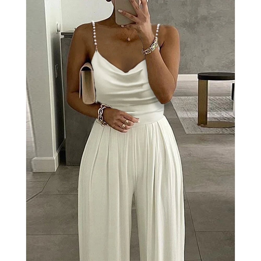 Women One Shoulder Ruched Buckle Wide Leg Black Jumpsuits