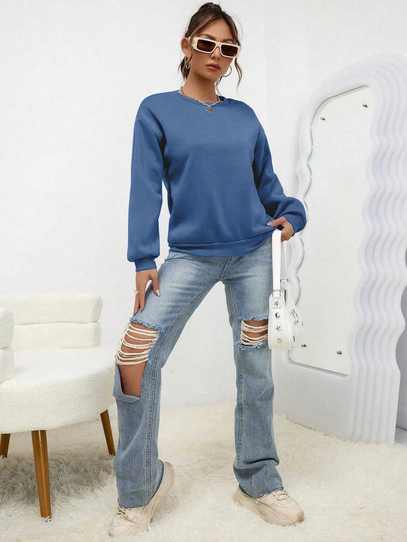 Woman Sweatshirt Casual Solid Color All-Match Clothing