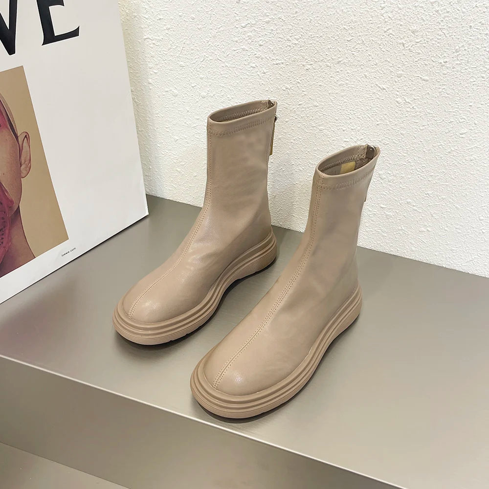 thick-soled boots for women, fashionable and casual leather boots
