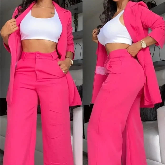 Women Two Piece Set  Single Breasted Tracksuit Outerwear Ankle Length Straight Pockets Set