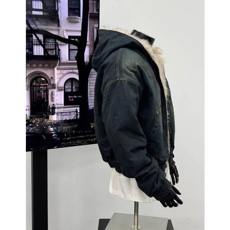 Mens Jacket Harajuku Hooded Denim Cotton