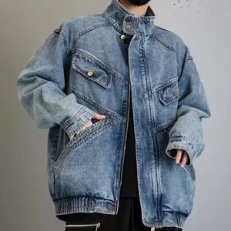Denim Jacket Men's  Loose Design Sense of Standing Collar