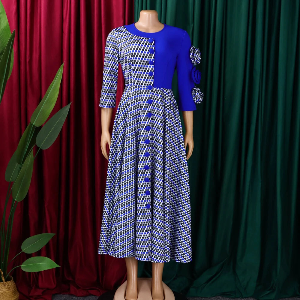 African 3/4 Sleeve Party Birthday New Robe Chic Flower Plaid Evening Dress