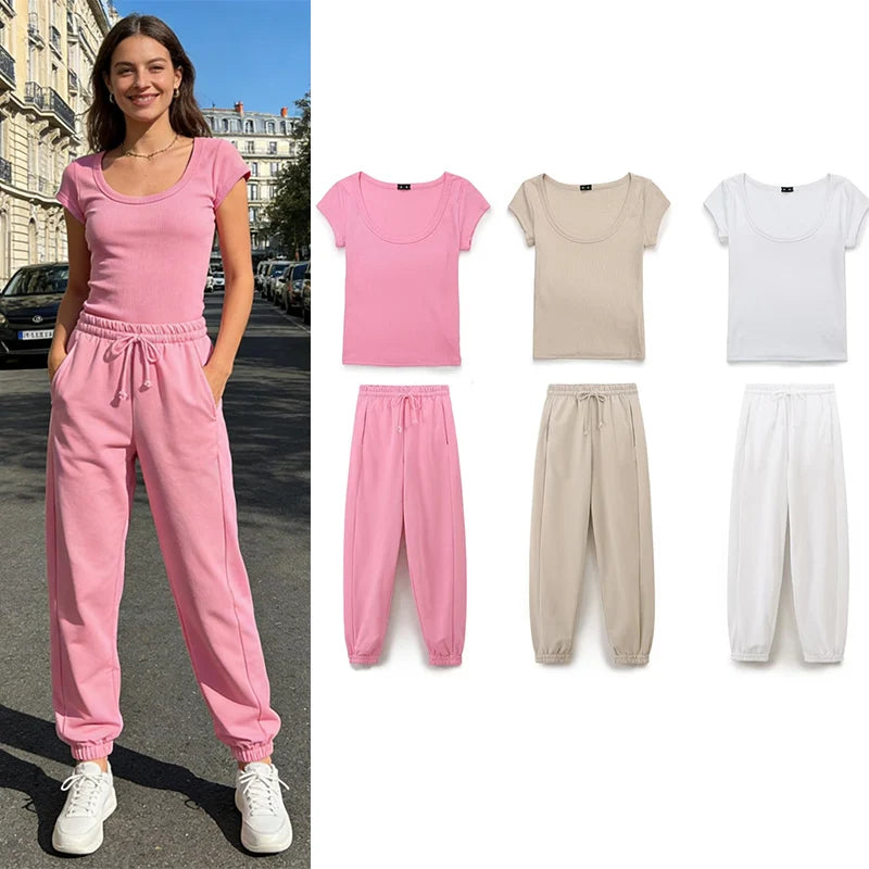 Women's  Cotton Crew Neck Ribbed Slim T-Shirt Jogger Pants Set t
