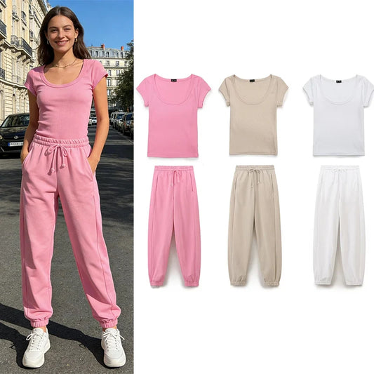 Women's  Cotton Crew Neck Ribbed Slim T-Shirt Jogger Pants Set t
