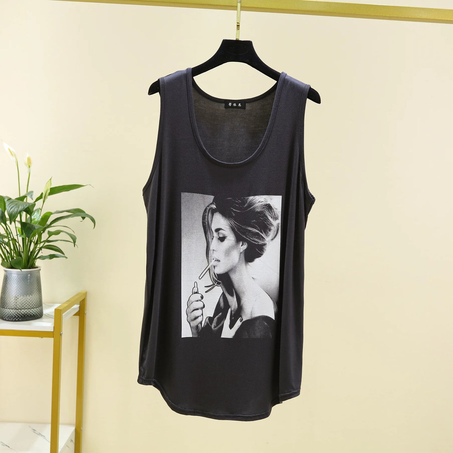Women Long Tank Tops O-Neck Fashion Print