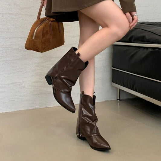 Women's Western Cowboy Boots - Mid Calf Pointed Toe Chunky Heel Vintage Leather Boots