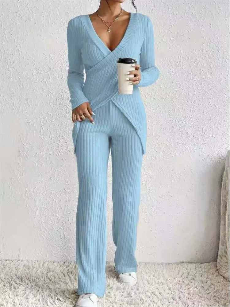 Women's Casual Solid  Long Sleeve V Neck Slim Tops+High Waist Pants 2 Pieces Set