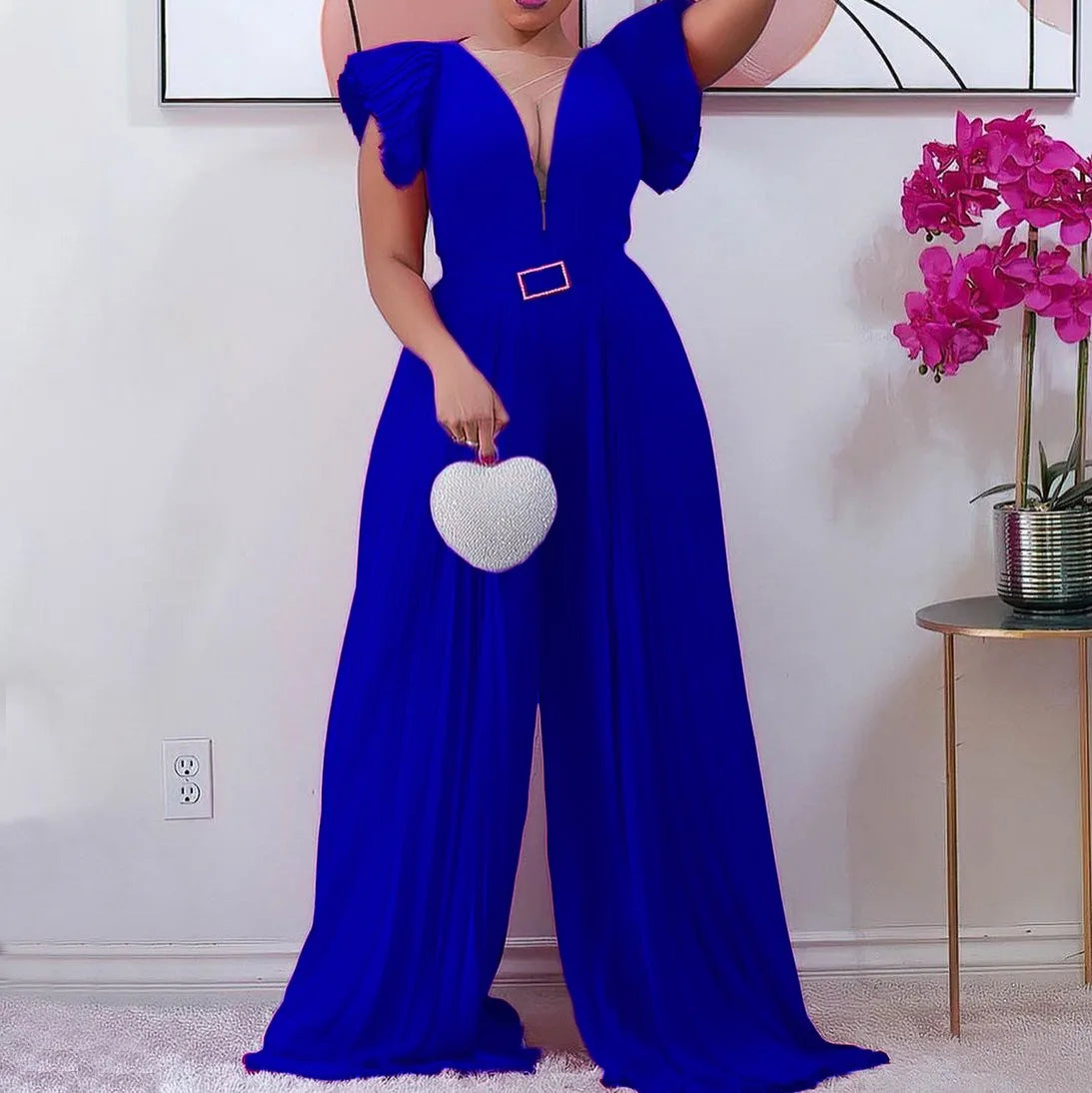Pleated V neck Jumpsuit for ladies