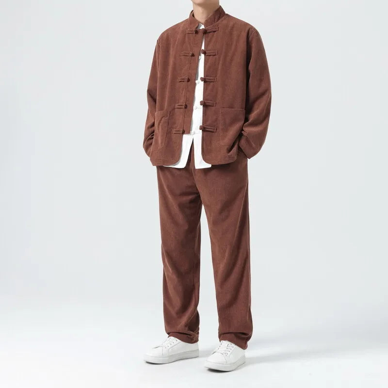 Men Corduroy Sets Men Tang Suit Jackets +Pants