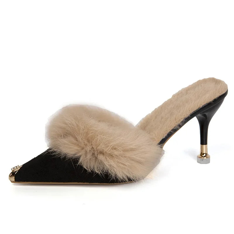 Women High Heel Shoes Fur Slippers Mules Pointed Toe Furry Slides