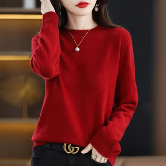 Women Sweater O-neck Long-sleeved Solid Knitwear Bottoming Shirt