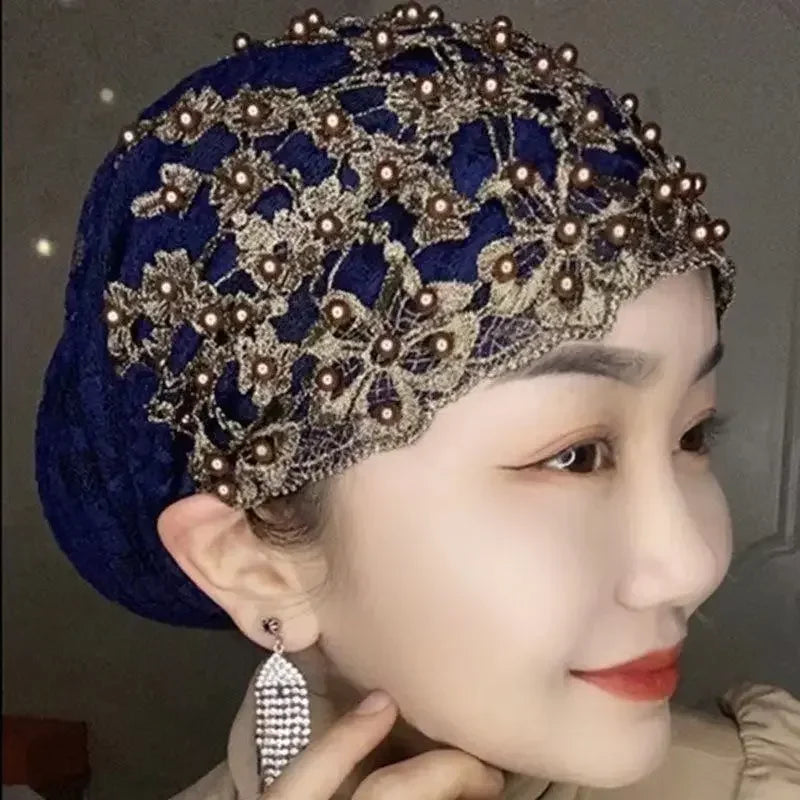 Ladies Personality Ethnic Beaded Hat Gauze Headscarf