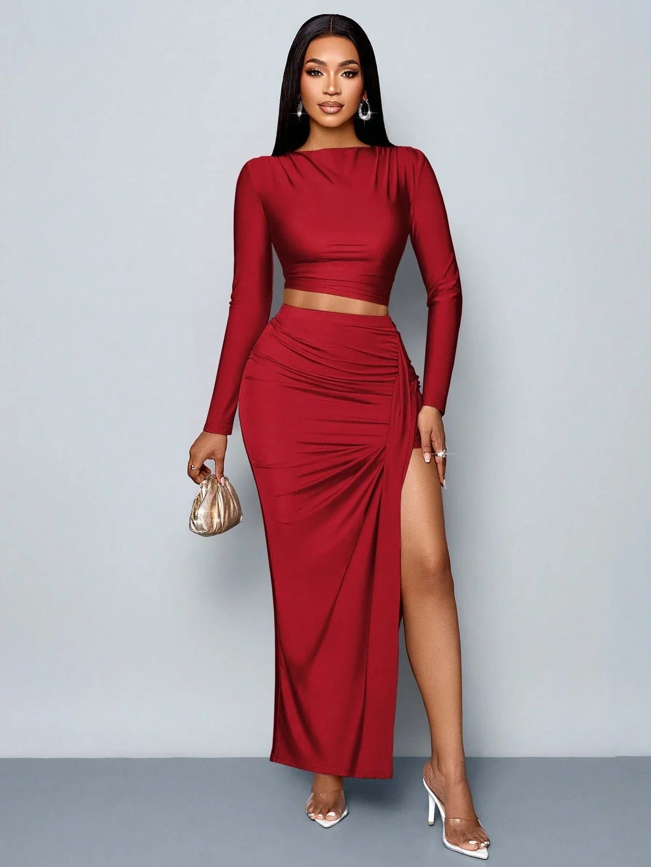 Women's Two-piece Set: Solid Color Elegant Leisure Long-sleeve T-shirt and Fitted Pleated Side set