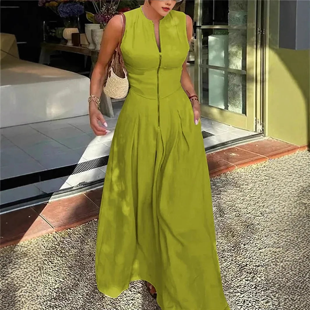 women's sleeveless jumpsuit V-neck zipper design