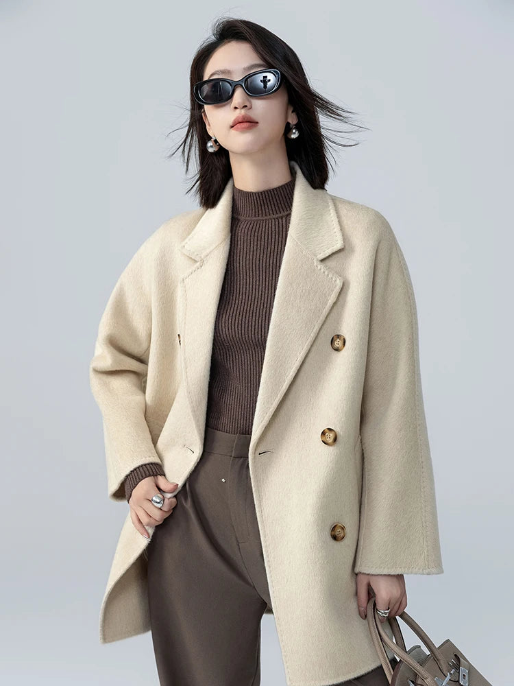 Mid-Length Women's  Camel  Double Breasted coat