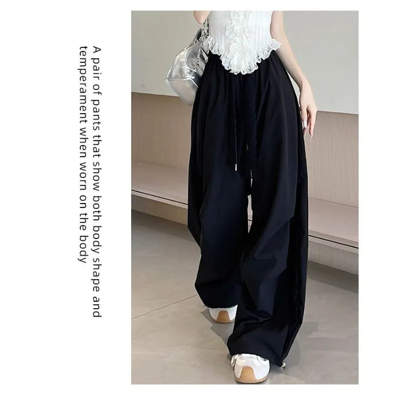 Wide Leg Pants  with Lace Side Panels Elastic Waist