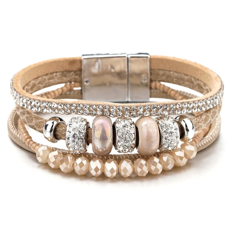 Greatera Sparkling Leather Vintage Pearl Multi-layered Magnetic Buckle Bracelet
