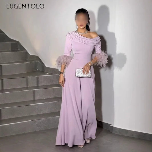 Women Sexy Jumpsuits Feather-panelled  Wide-leg Pants Banquet Long Rompers